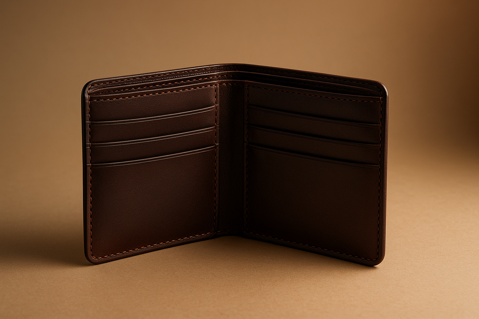 Fotografía de producto de una billetera de cuero café oscuro hecha a mano, sobre un fondo minimalista elegante con iluminación cálida. Mostrar la billetera abierta con compartimentos para tarjetas y billetes. Estilo premium, ultra realista, calidad fotográfica 8K, ideal para catálogo de ecommerce.
