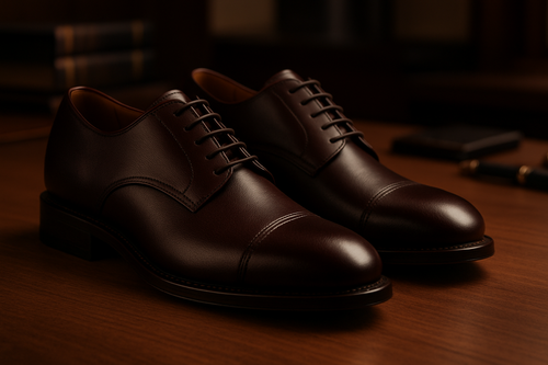 Fotografía de zapatos Derby de cuero café oscuro sobre un fondo elegante de oficina, iluminación cálida, estilo ejecutivo. Ultra realista, calidad editorial.