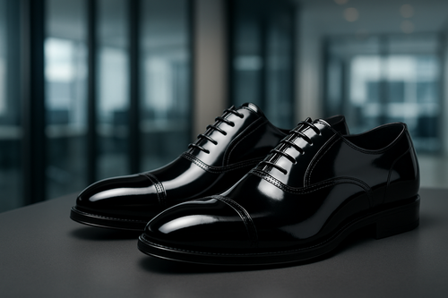 Fotografía de zapatos Oxford de cuero negro brillante sobre un fondo minimalista elegante, iluminación de estudio profesional, estilo premium. Un ambiente corporativo moderno al fondo. Ultra realista, calidad fotográfica 8K.